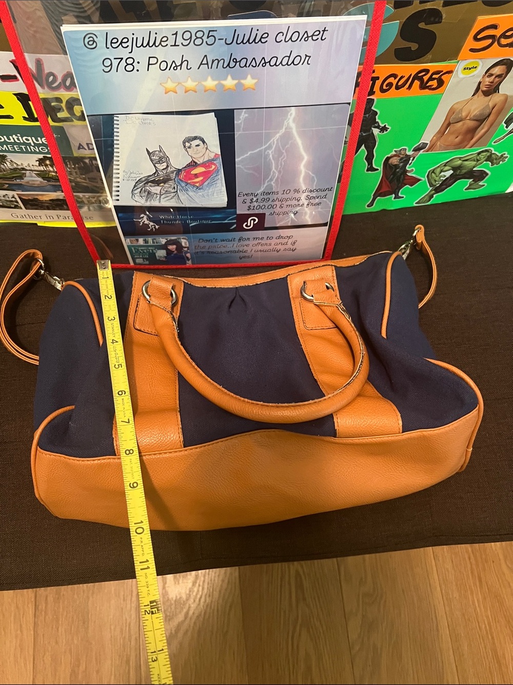 #2599 * “9x14” Vintage Navy & Tan Canvas Weekend Tote: Gold Coast - Picture 6 of 17